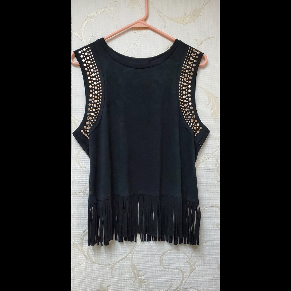 Black Suede Top with Studs Fringe Semi Cropped Medium